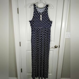 Euovmy Navy Blue White Polka Dot Side Pockets Tank Top Maxi Dress S 2XL NWT